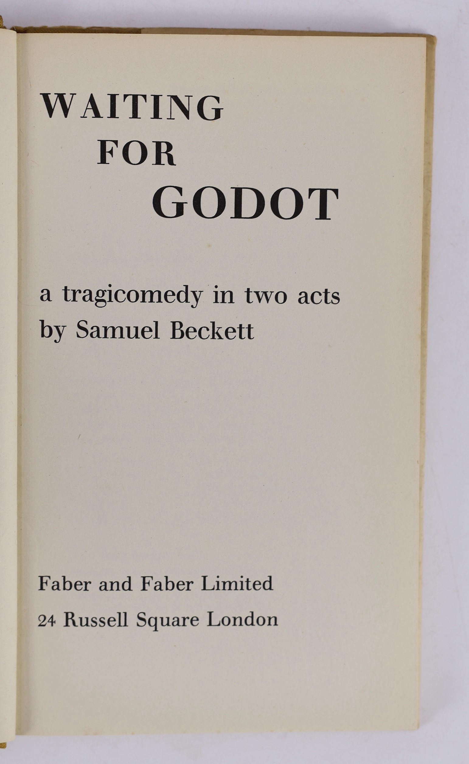 Beckett, Samuel - Waiting for Godot, a Tragicomedy in Two Acts, 1st British edition, 8vo, yellow cloth in unclipped d/j, a review copy, with publishers and review note, Faber and Faber, London, 1956